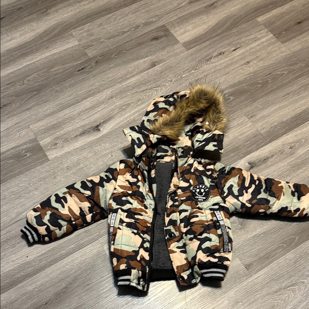 Classic Camouflage Kids Raincoat with Fur Hood